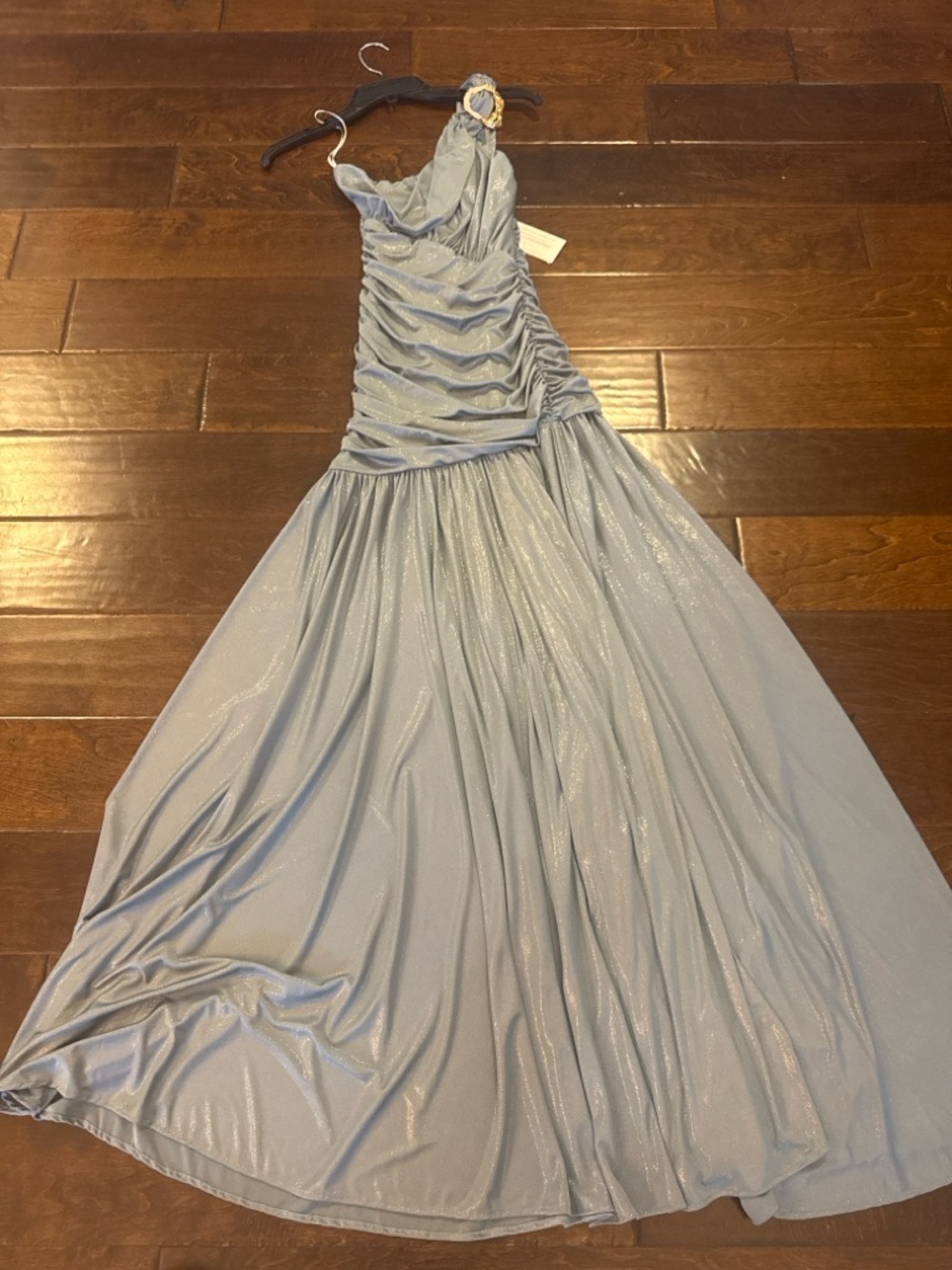 Elegant Light Blue Evening Gown with Ruched Bodice